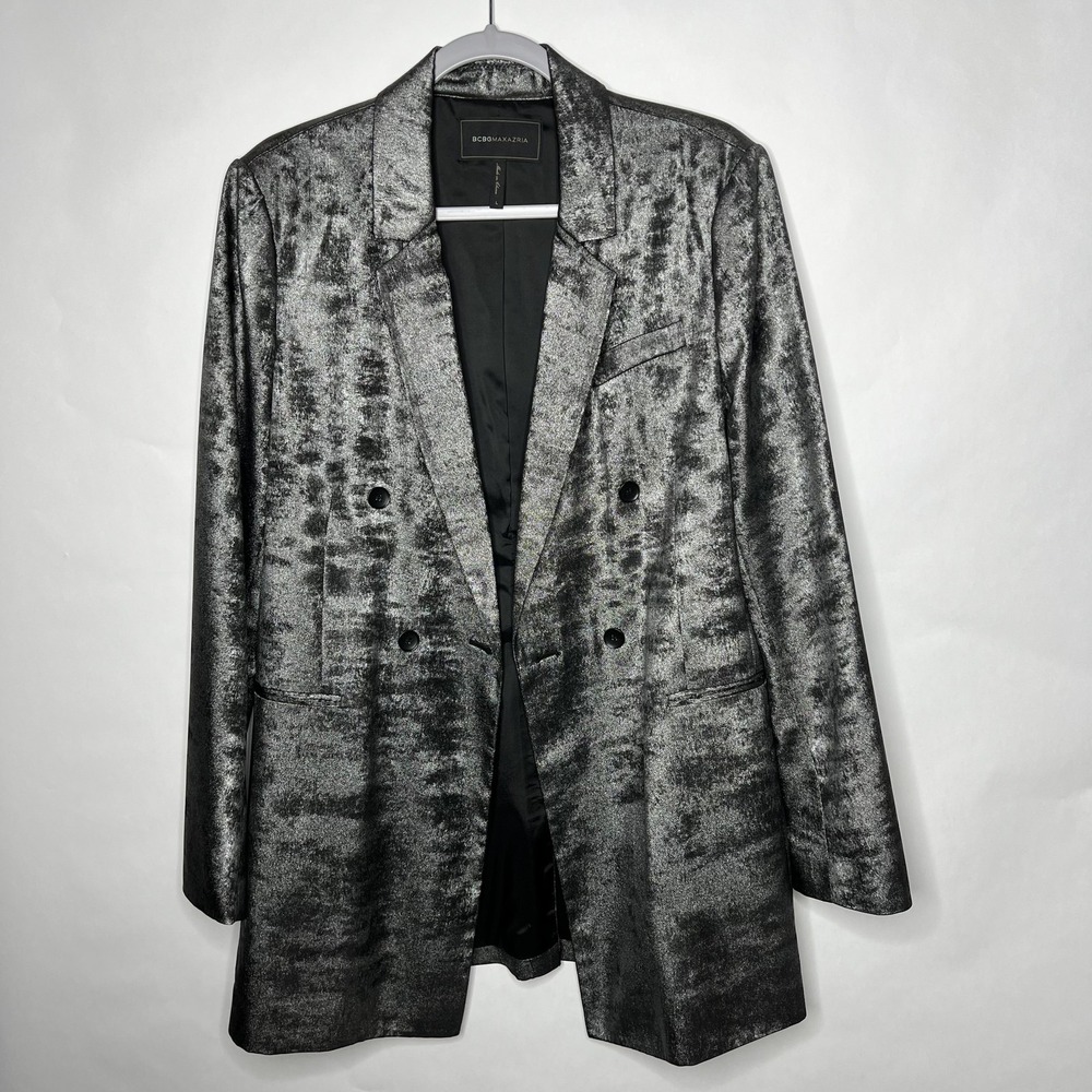 BCBGMAXAZRIA Blazer Womens L Silver Metallic Longline Tuxedo Jacket Party Formal
